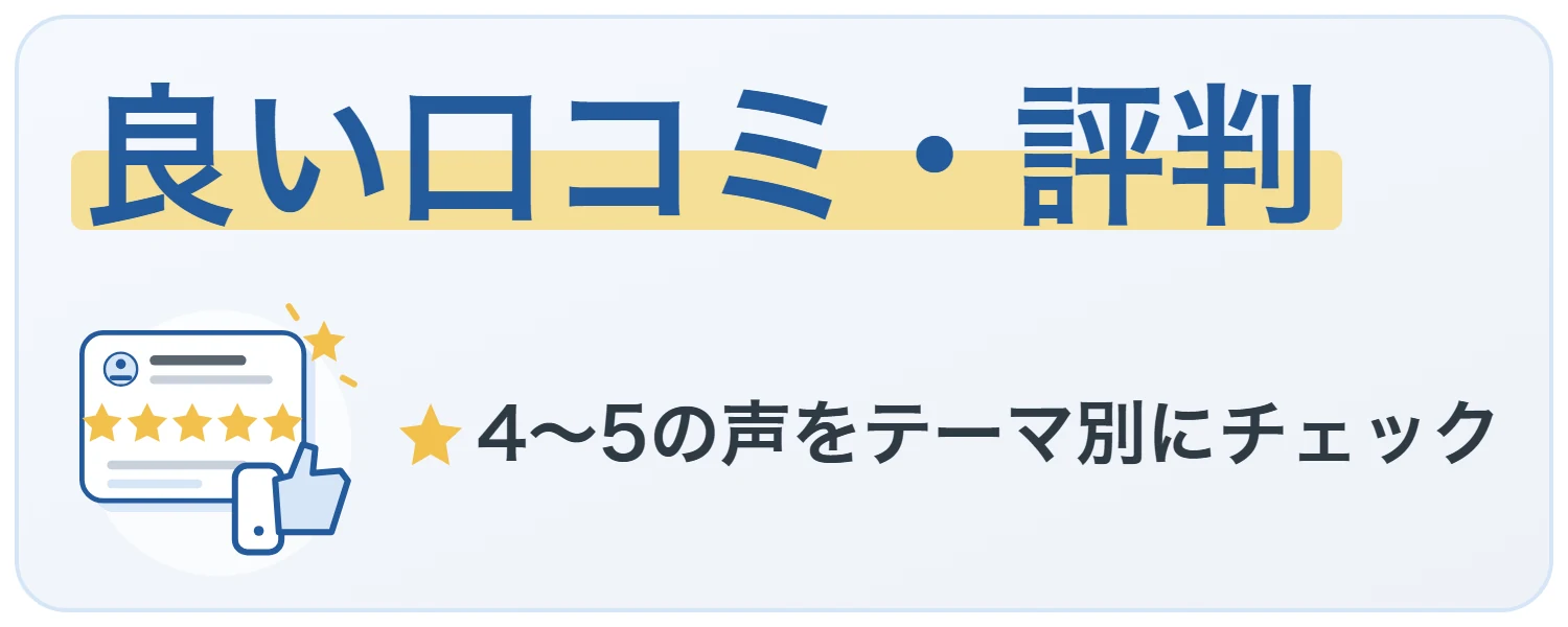 良い口コミ・評判——★4〜5の声をテーマ別にチェック(★5レビューカードとサムズアップのイラスト)