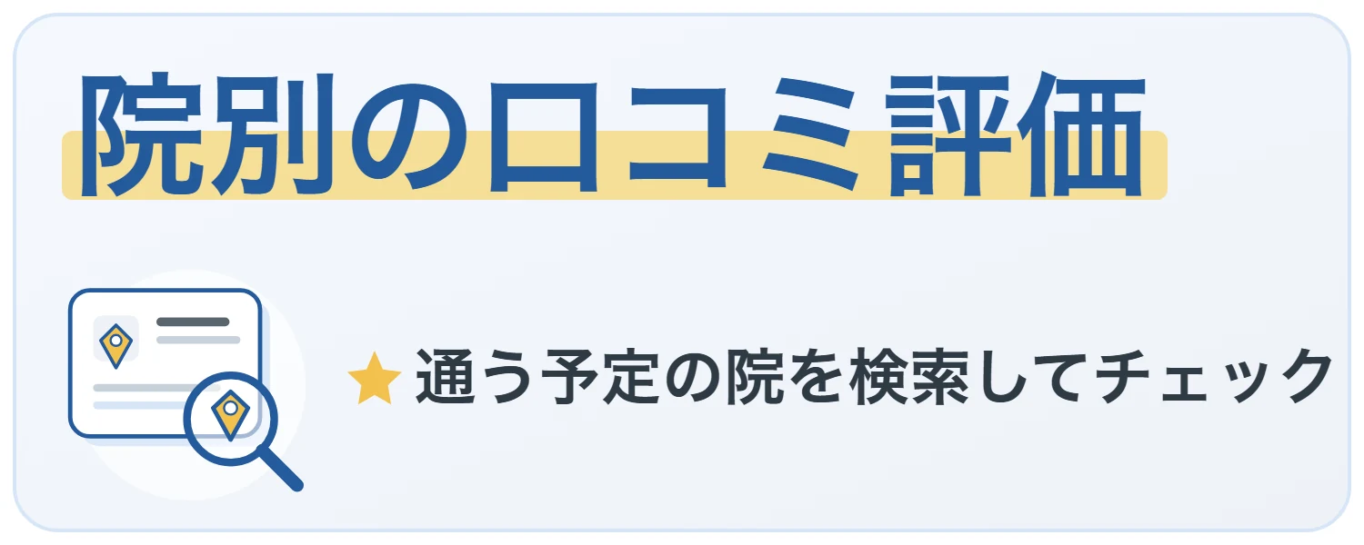 院別の口コミ評価——通う予定の院を検索してチェック(地図ピンと虫めがねのイラスト)