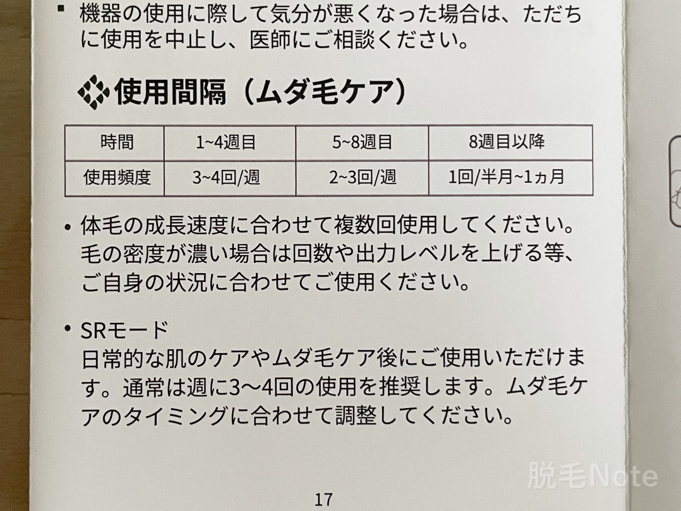 JOVS Dora scrollの取扱説明書に書かれた使用間隔の目安