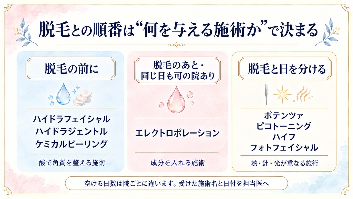 脱毛と美容施術の順番を熱・針・酸・光で3つに分けた図