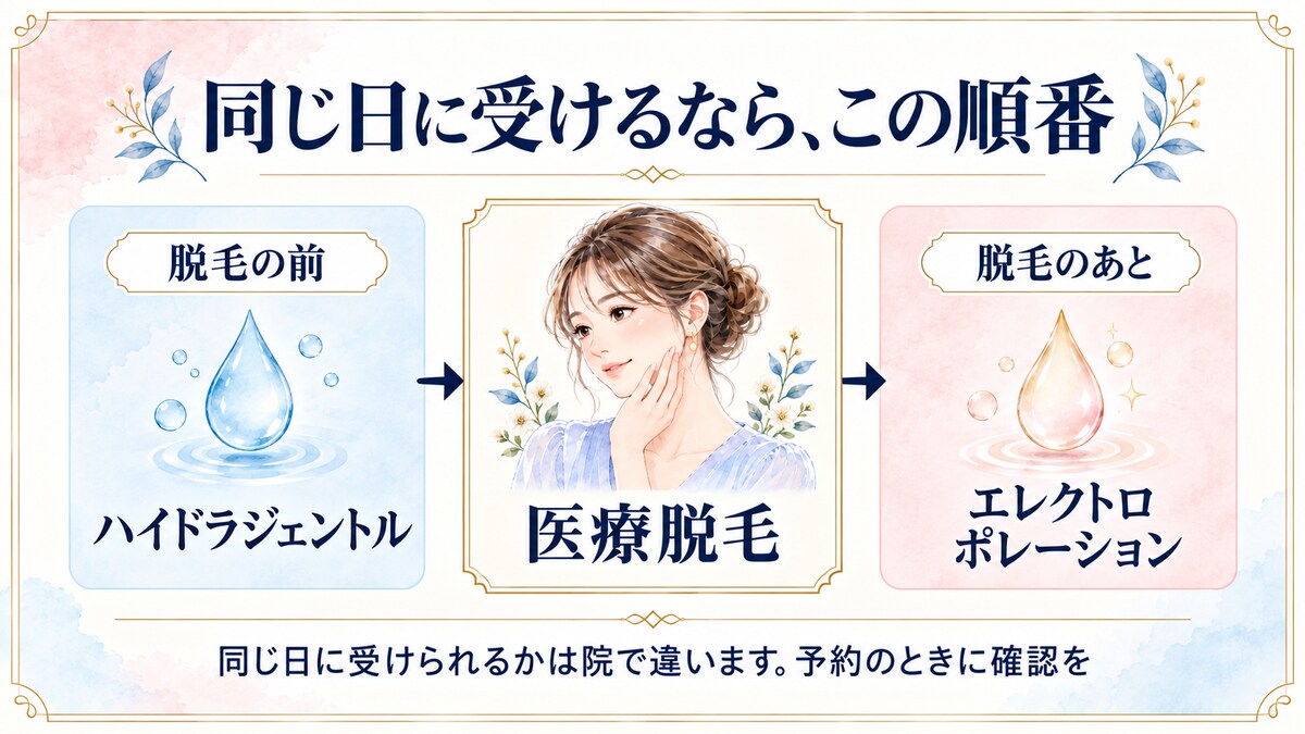 同じ日に受けるならハイドラジェントル、医療脱毛、エレクトロポレーションの順番を示す図