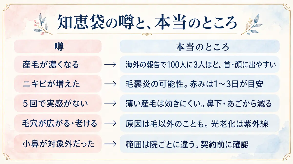 知恵袋で言われる顔脱毛の5つの噂と本当のところの対比図
