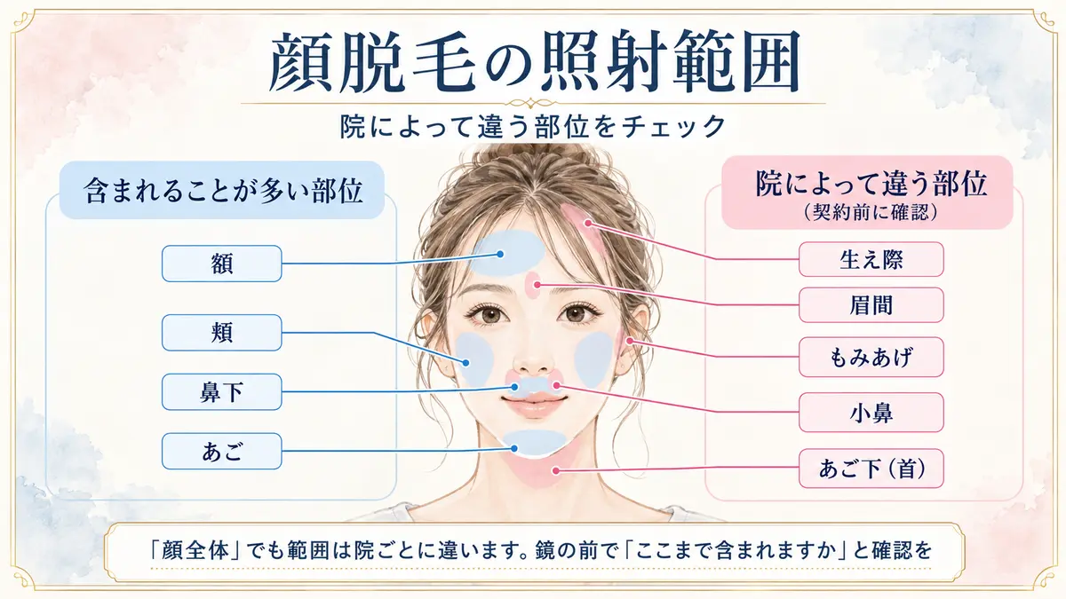 顔脱毛の照射範囲のうち院によって対象外になりやすい部位の図