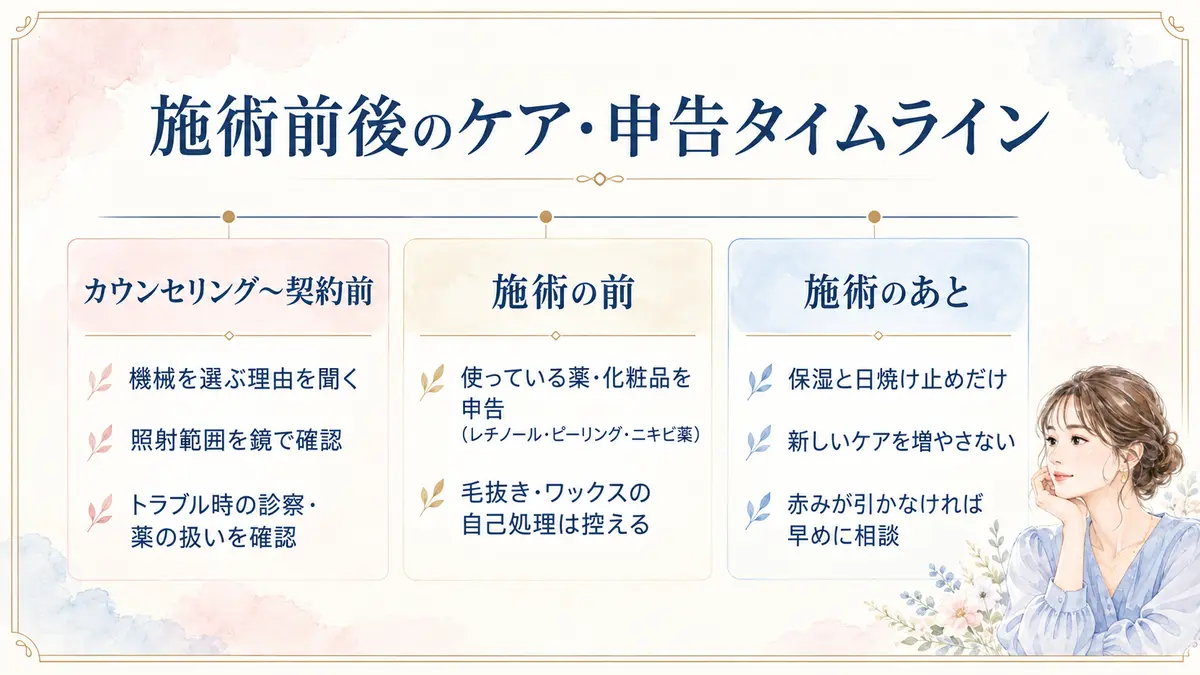 顔脱毛の契約前・施術前・施術後にやること申告することのタイムライン