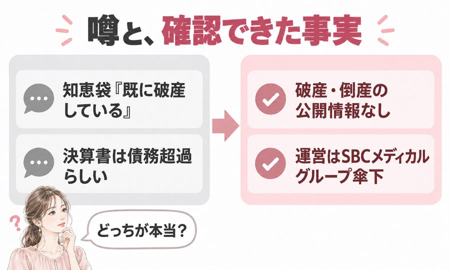 リゼクリニックの噂と確認できた事実の対比。破産・倒産の公開情報はなく、運営はSBCメディカルグループ傘下
