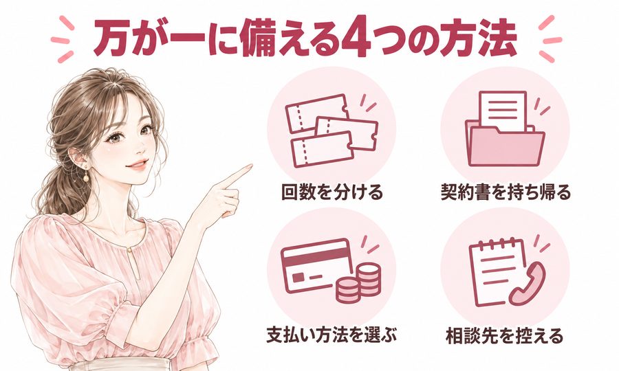 リゼクリニックの万が一に備える4つの方法。回数を分ける・契約書を持ち帰る・支払い方法を選ぶ・相談先を控える