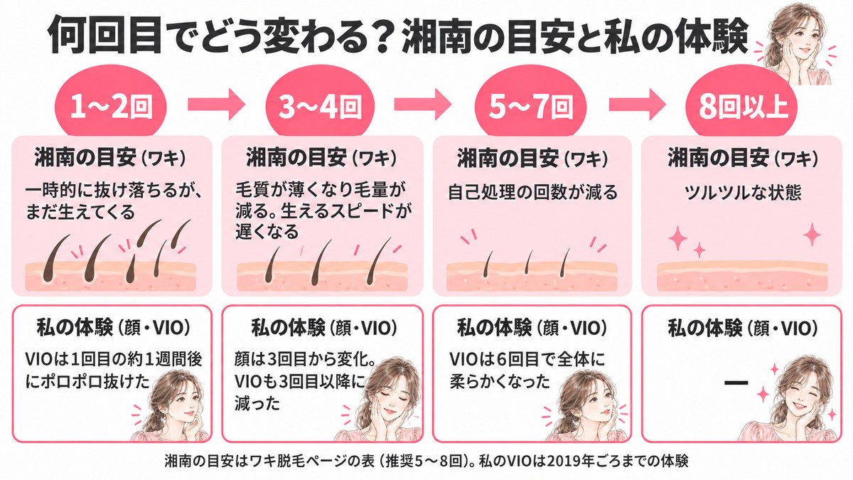 湘南美容クリニックの脱毛は何回目でどう変わるか。1〜2回はまだ生える、3〜4回で薄くなる、5〜7回で自己処理が減る