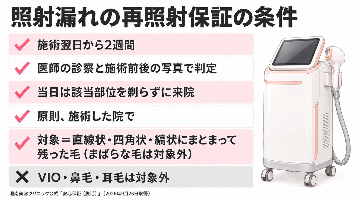 湘南美容クリニックの照射漏れ再照射保証の条件。施術翌日から2週間、医師の診察と写真で判定、VIO・鼻毛・耳毛は対象外