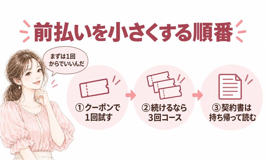 TCBで前払いを小さくする順番。クーポンで1回試す・続けるなら3回コース・契約書は持ち帰って読む