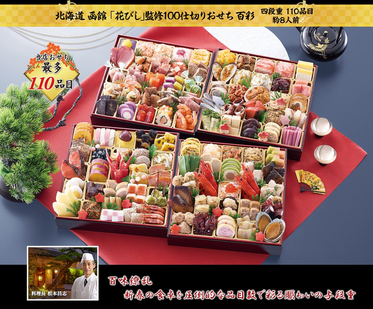 北海道函館「花びし」監修100仕切りおせち 百彩(8.5寸四段重110品目・約8人前)