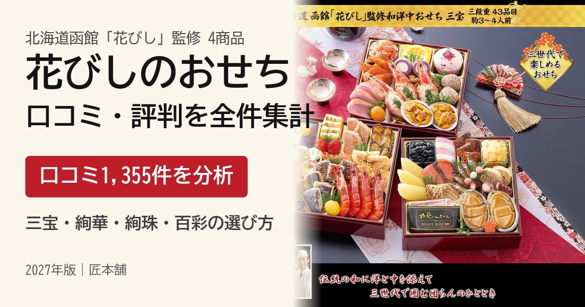 函館花びしおせちの口コミ・評判 三宝・絢華・絢珠・百彩 1,355件を集計【2027年】