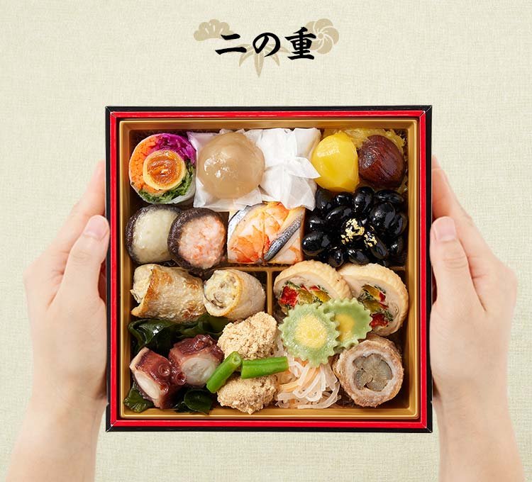 栄福の二の重(蛸柔煮・鶏と彩り野菜の包み焼・琥珀ふくさ包みなど16品)
