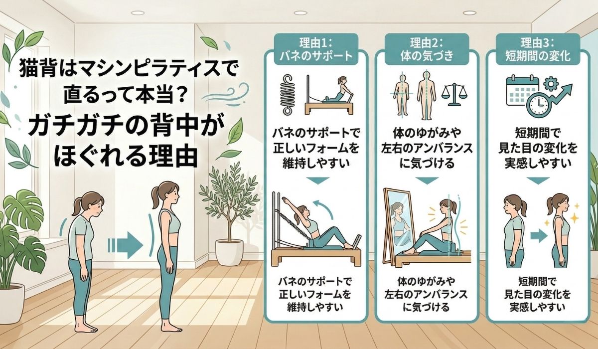 猫背はマシンピラティスで直るって本当？ガチガチの背中がほぐれる理由と通う頻度