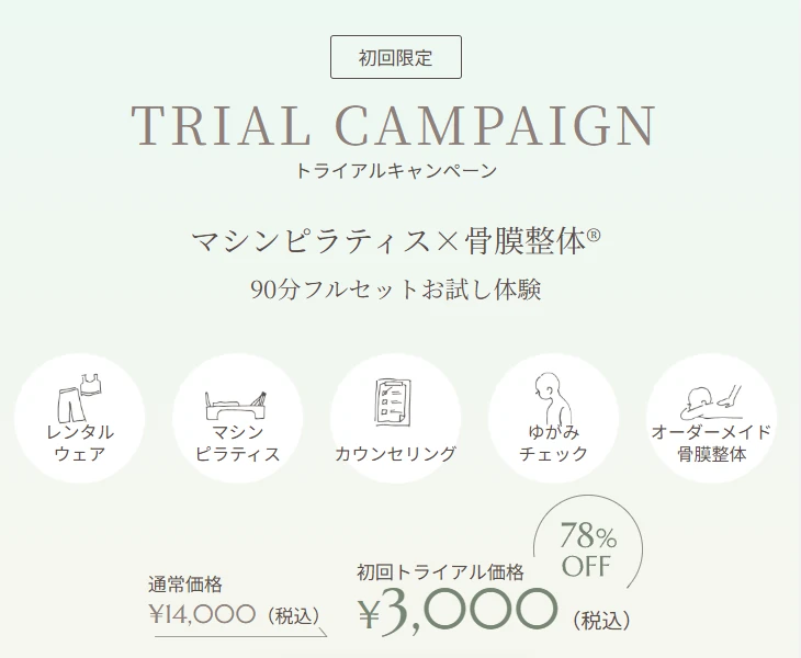 La pilatesのキャンペーン(マシンピラティス×骨膜整体®の90分フルセット体験が通常14,000円のところ初回限定3,000円、体験当日の入会で入会金10,000円が無料)を案内するバナー