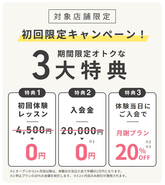 STUDIO IVYの無料キャンペーン実施店舗限定3大特典(体験レッスンと入会金・事務手数料が無料、体験当日の入会で月謝プラン20%OFF・2ヶ月目のみ適用)を案内するバナー
