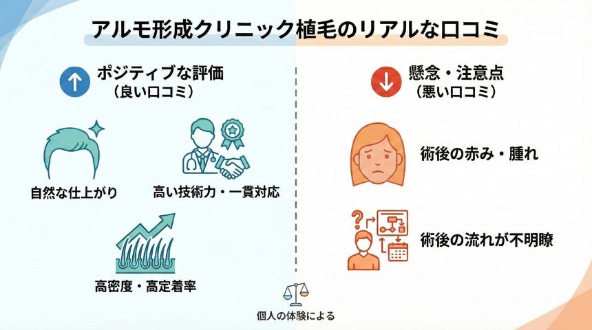 アルモ形成クリニックの植毛に関するリアルな口コミ・評判の傾向を表したイメージイラスト