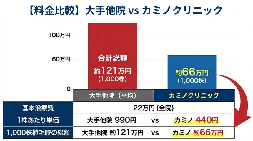 カミノクリニックと大手他院(アイランドタワー・親和)の植毛費用総額の比較シミュレーション