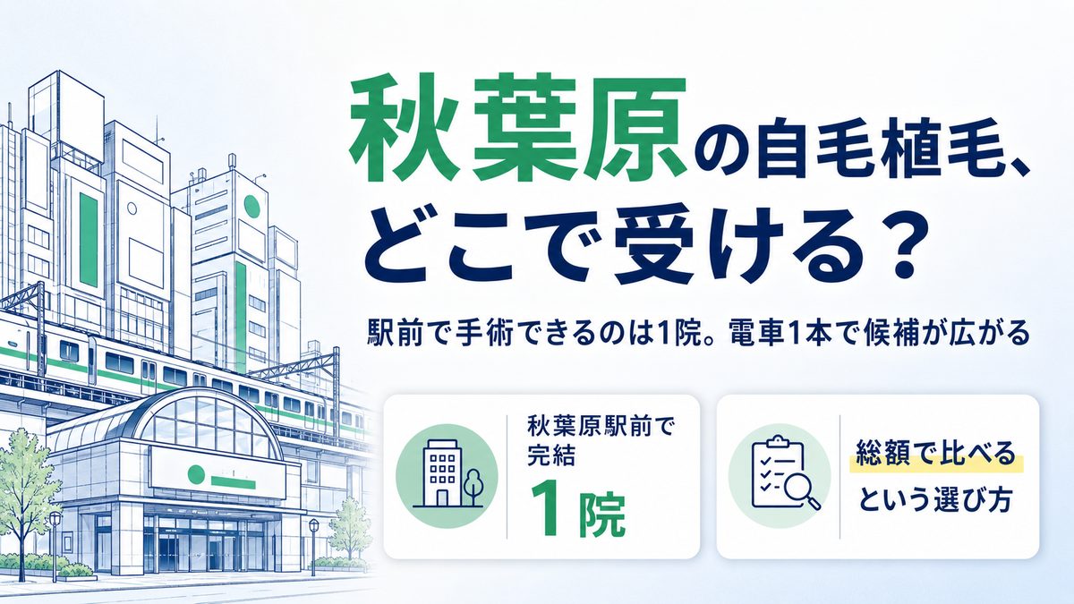 秋葉原で自毛植毛の施術まで受けられるクリニックと総額の比較を解説する記事のアイキャッチ画像