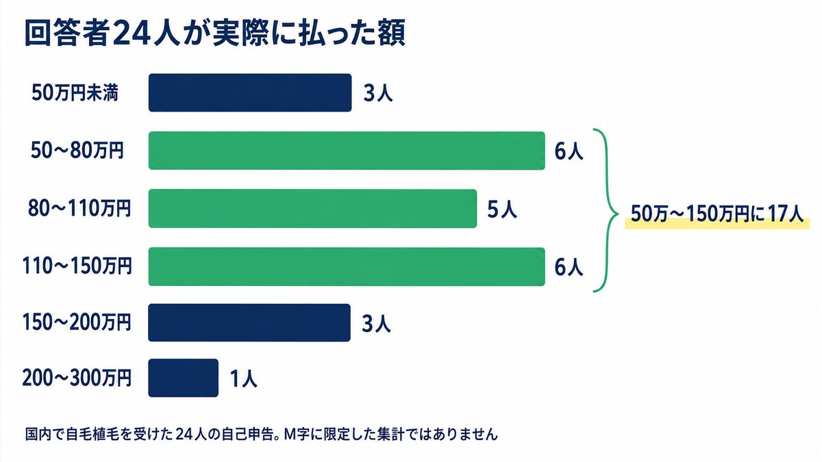 自毛植毛を受けた24人が実際に支払った総額の分布グラフ