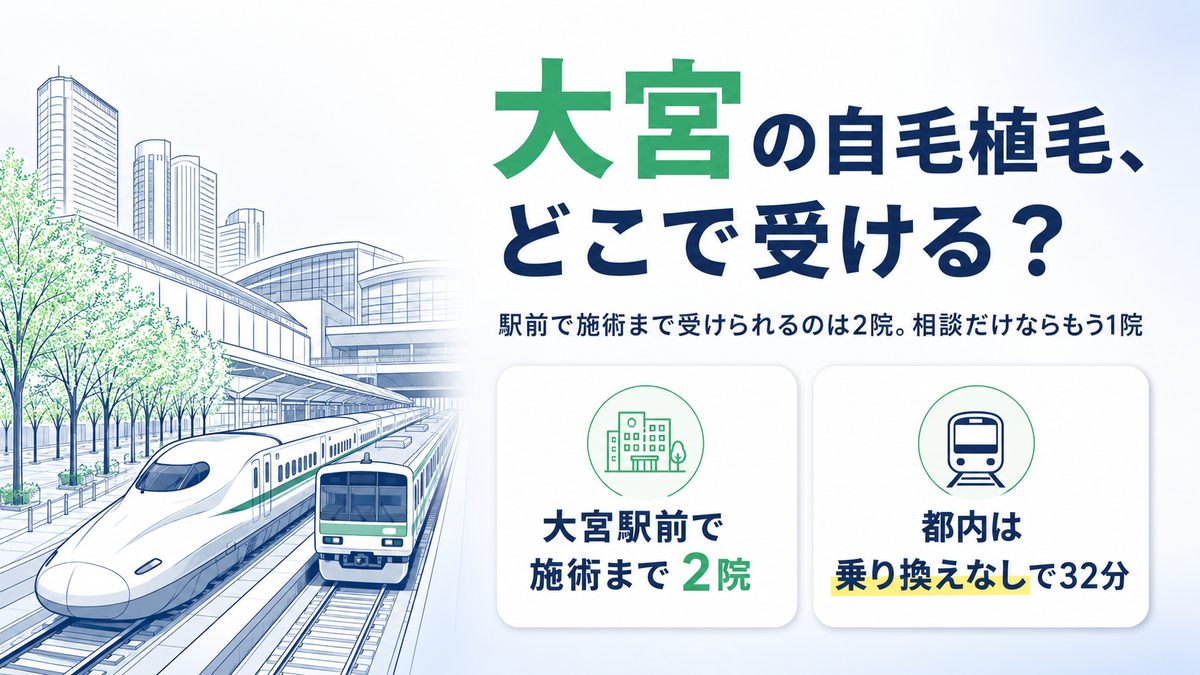 大宮駅前で自毛植毛の施術まで受けられるクリニックと都内への遠征を比較する記事のアイキャッチ画像