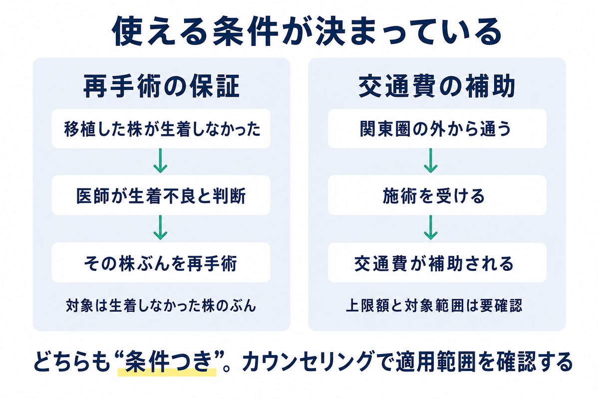 アルモ形成クリニックの再手術保証と交通費補助それぞれの適用条件を、3段のフローで整理した図