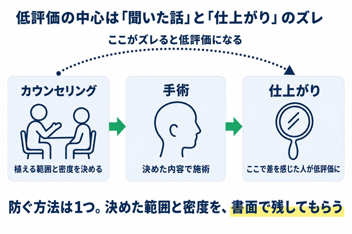 アスク井上クリニックの低評価の中心を示した図。カウンセリングで植える範囲と密度を決め、その内容で手術し、仕上がりで差が出るという3つの流れ