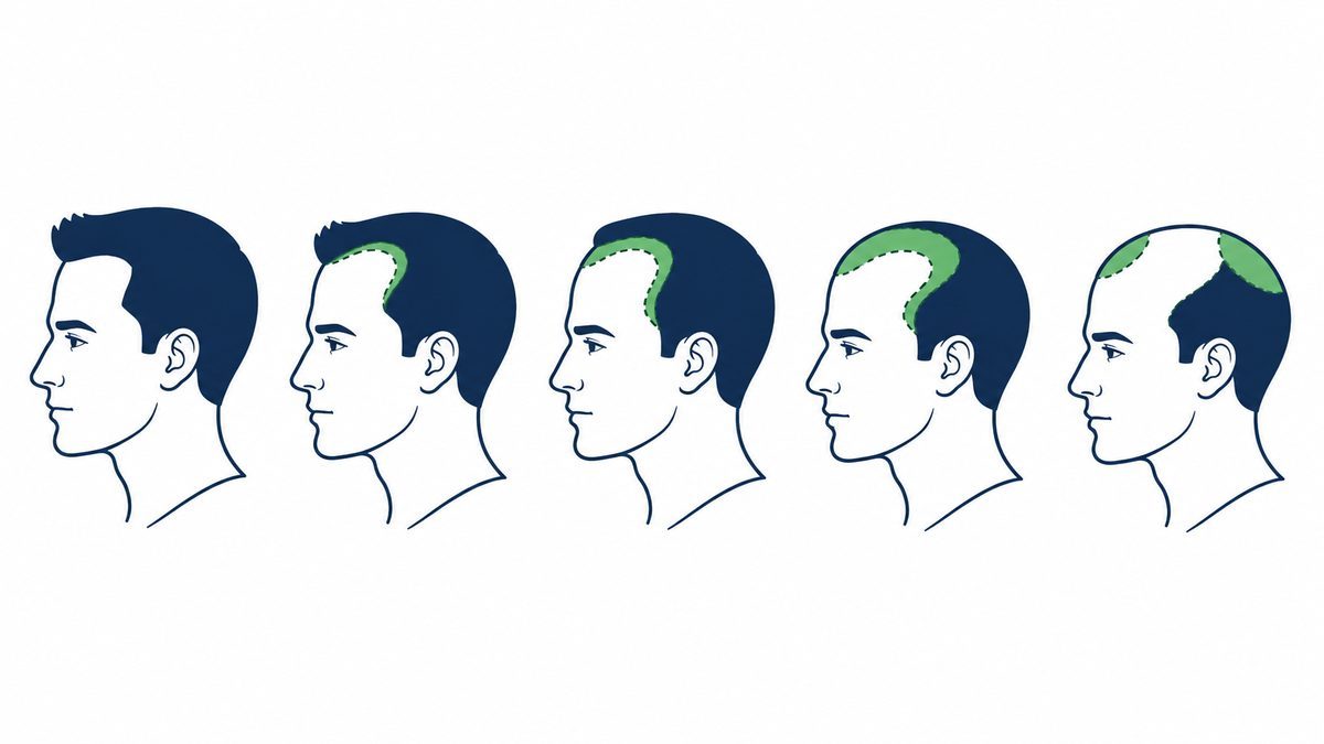 ハミルトン・ノーウッド分類。生え際の後退が段階的に進む様子を横顔で示した図