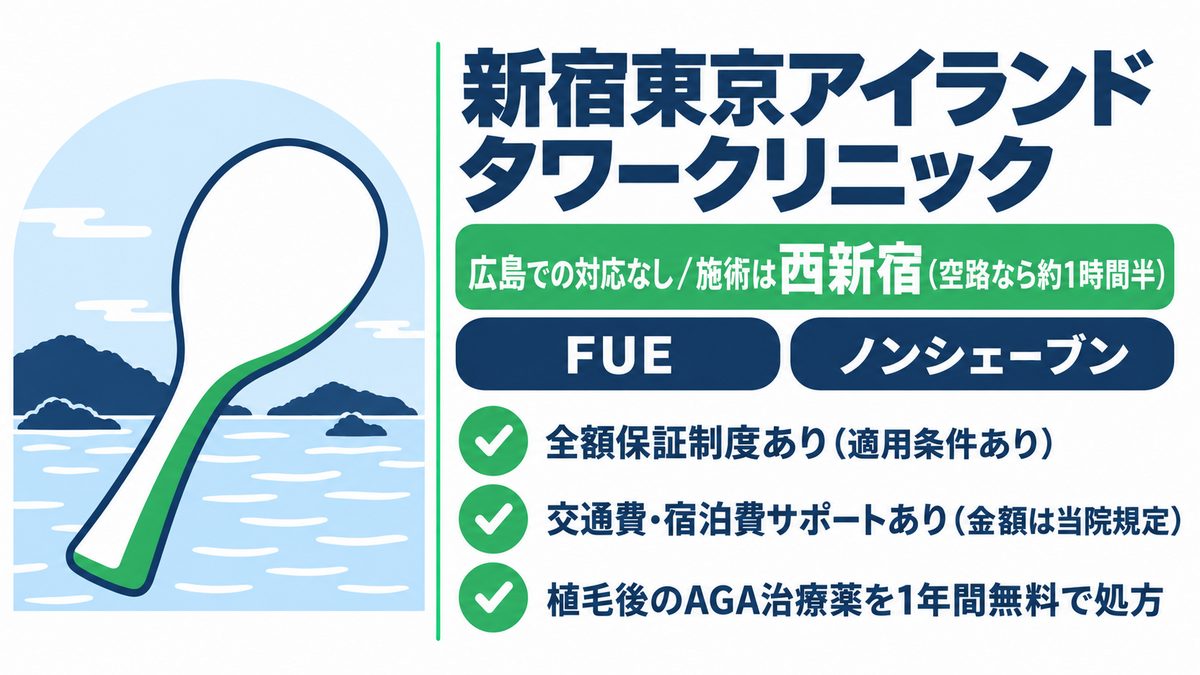新宿東京アイランドタワークリニックの特徴と広島から西新宿へ遠征する場合の目安をまとめた紹介カード