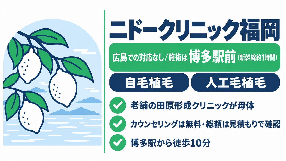 ニドークリニック福岡の特徴と博多駅前で自毛植毛と人工毛植毛を扱う点をまとめた紹介カード