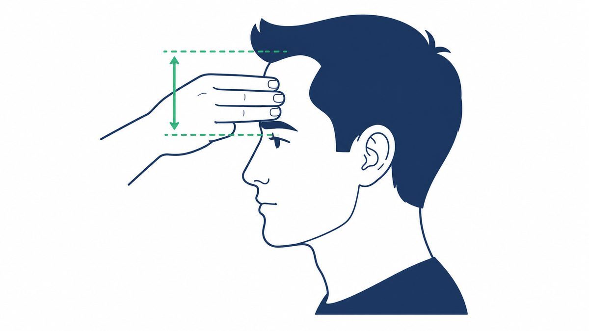 眉の上に指を横にそろえて当て、生え際までの高さを測るセルフチェックのイラスト