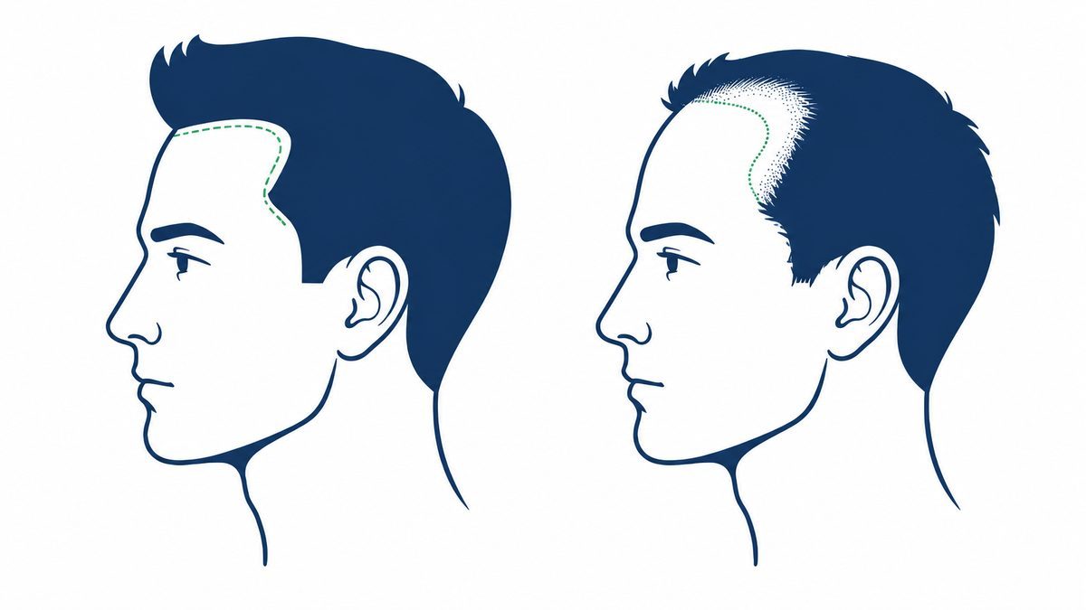 生まれつき額が広い状態と、後退が始まった状態の生え際のラインの違いを比べた図