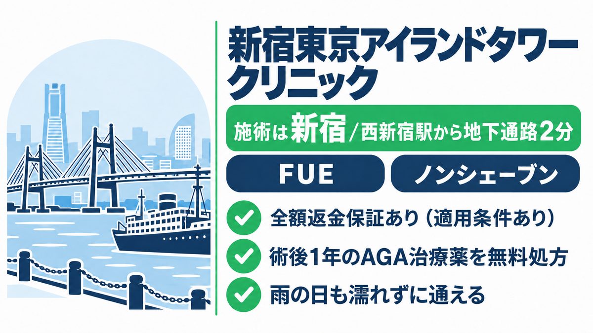 新宿東京アイランドタワークリニックの特徴と横浜から新宿へのアクセスをまとめた紹介カード